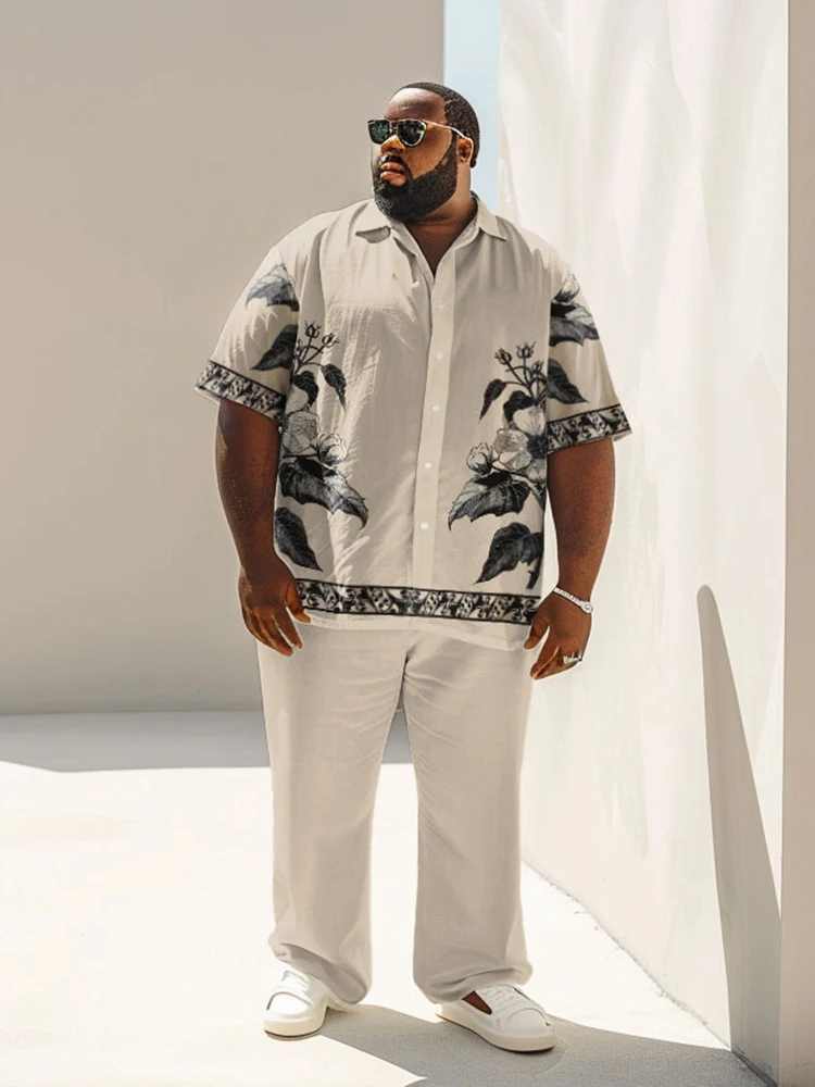 L-9XL Short sleeved Shirt and Long Pants Set Plus Size Men Summer Leisure Business Flower Vine Print Two Piece Set ZOOY