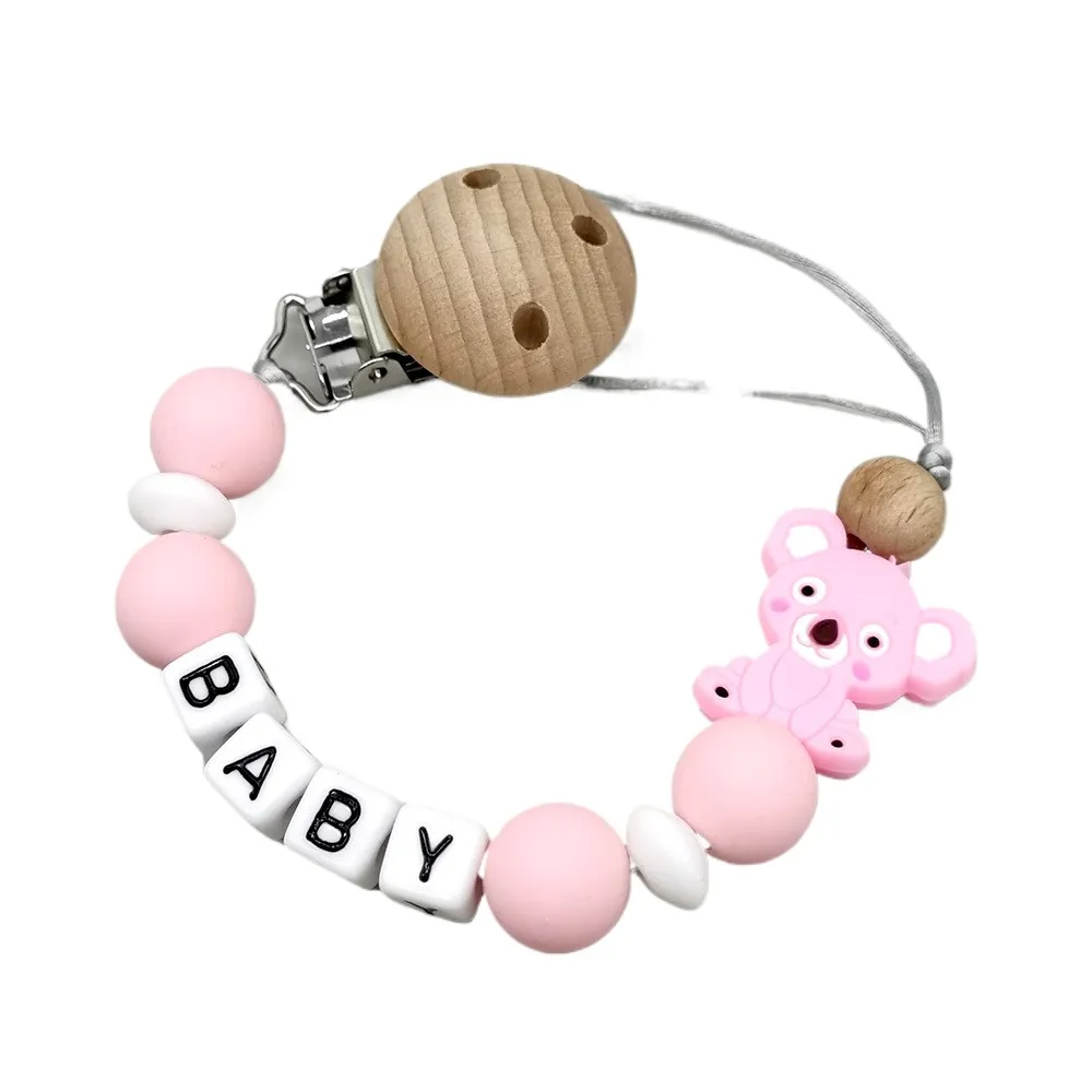 

Цепочка для детской соски с индивидуальным именем, силиконовые бусины в виде животных, ремешок для пустышки с защитой от потери