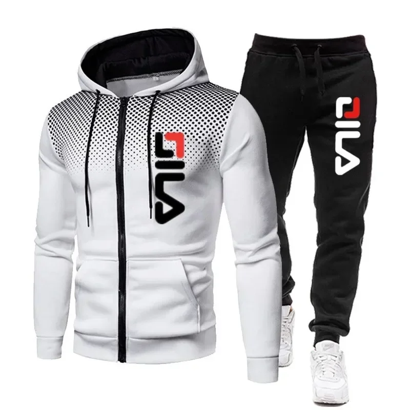 

Men's Sportswear + Sportswear Pants Two-piece Set Winter Printed Zipper Hooded Sweatshirt Casual Fitness Jogging Sportswear