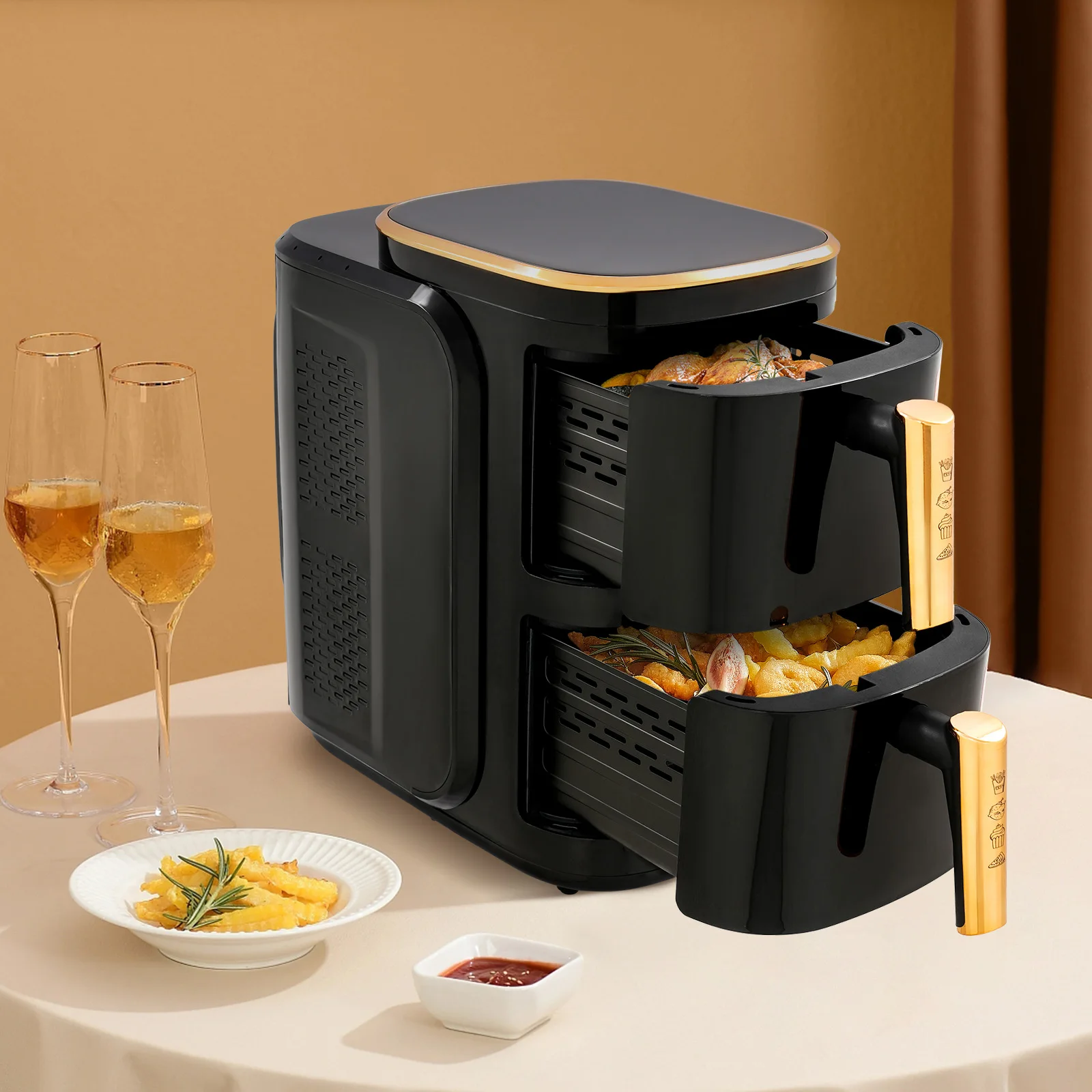 Friteuse à Air à double panier 2400W 6 + 6L, 11 fonctions de cuisson, appareil de cuisine sain sans huile