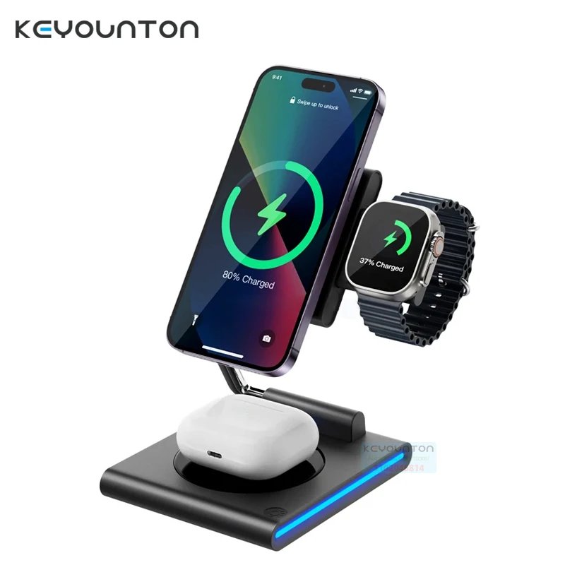 Foldable Magnetic Wireless Charger Transparent Charging Station 15W Fast Charger Stand for iPhone 15 14 13 12 AirPods 3 iWatch 8