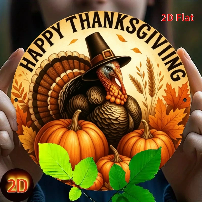 2D Flat, 1pc, Vintage Round Metal Tin Sign- Turkey Pumpkin Thanksgiving Sign, Suitable for Vintage Home D Cor and Office Wall De