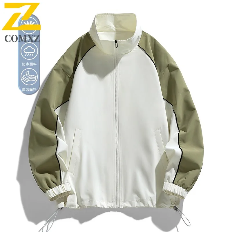 

COMXZ Men Biker Jacket American Style Stand Collar Camping Walking Loose Breathable Travel Outerwear Windproof Streetwear Jacket
