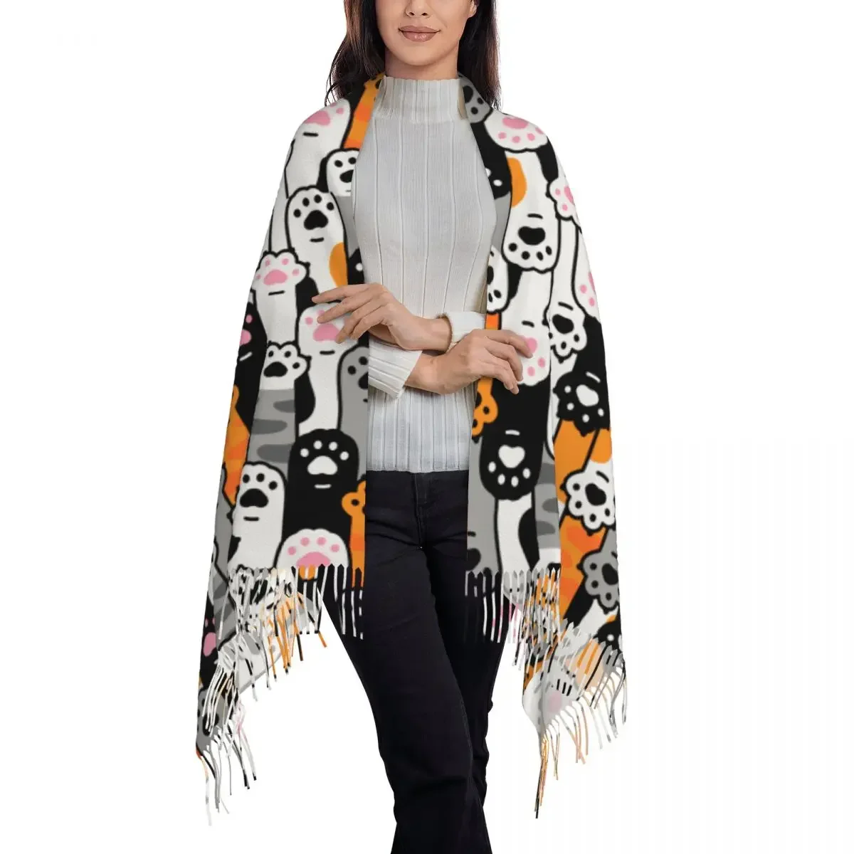 Custom Kleurrijke Cartoon Kitten Kat Sjaal Wrap Voor Vrouwen Lange Winter Herfst Warme Kwast Sjaal Unisex Sjaals