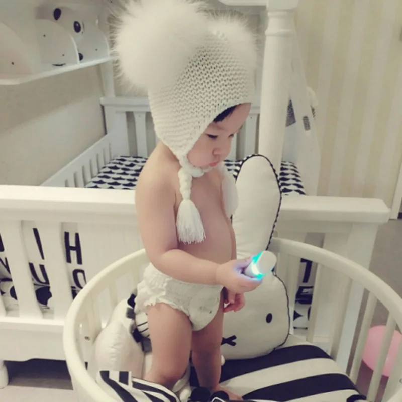 Toddler Baby Knitted Pullover Cap Exaggerated Personality 2 Raccoon Fur Ball Braided Hat Big Ball Winter Children's Beanie Hat