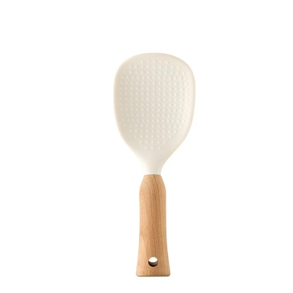 Wood Handle Silicone Rice Paddle Heat Resistant BPA-Free Rice Cooker Rice Shovel Non Stick Silicone Spoon Canteen Serving