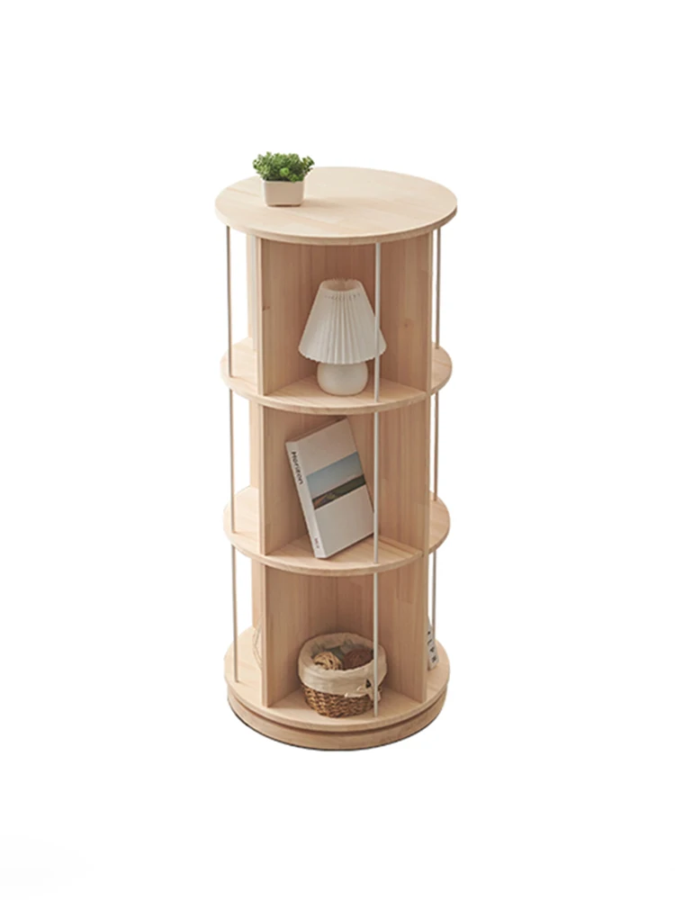 Solid Wooden Rotating Round 3 Tiers Bookshelves Floor Standing Assembled Kids Household Book Rack