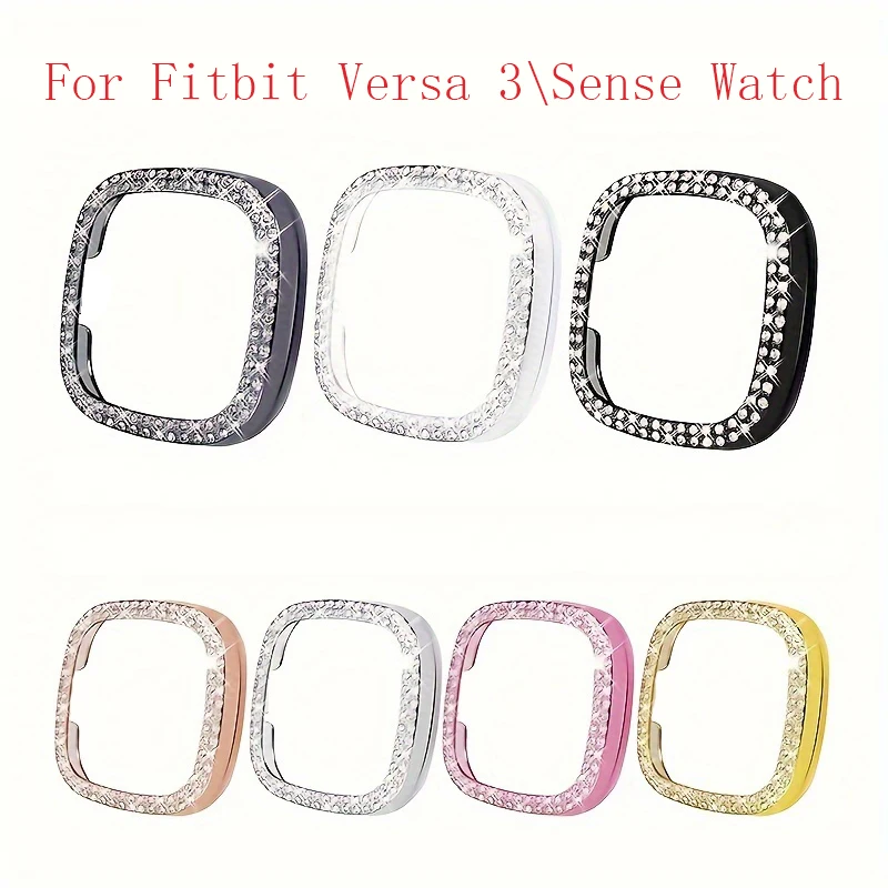 Caso Bling para Fitbit Versa 3, relógio Sense, fileira dupla, cristal brilhante, strass, Hard PC Bumper Frame, sem tela, 2pcs