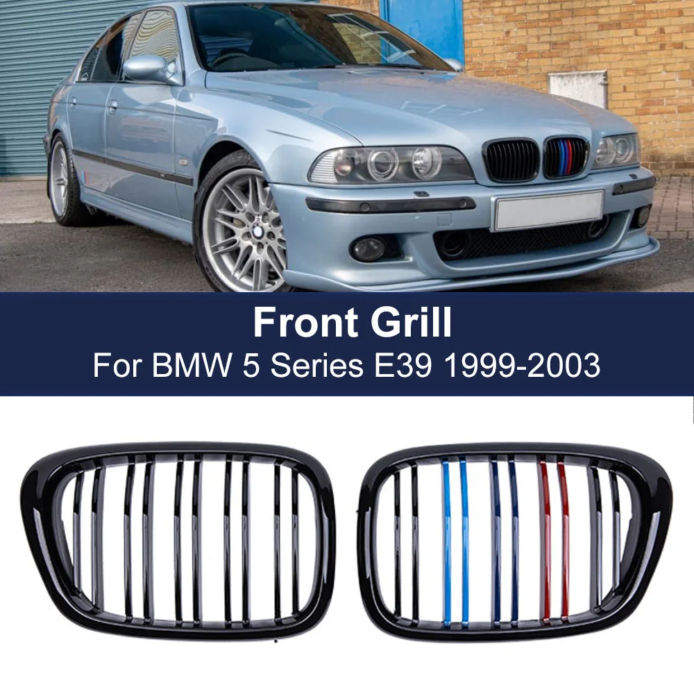 

1 Pair Double Slat Line Gloss Black Front Kidney Grill Front Grille for BMW 5 Series E39 M5 525 528 1995-2004 Replacement Part