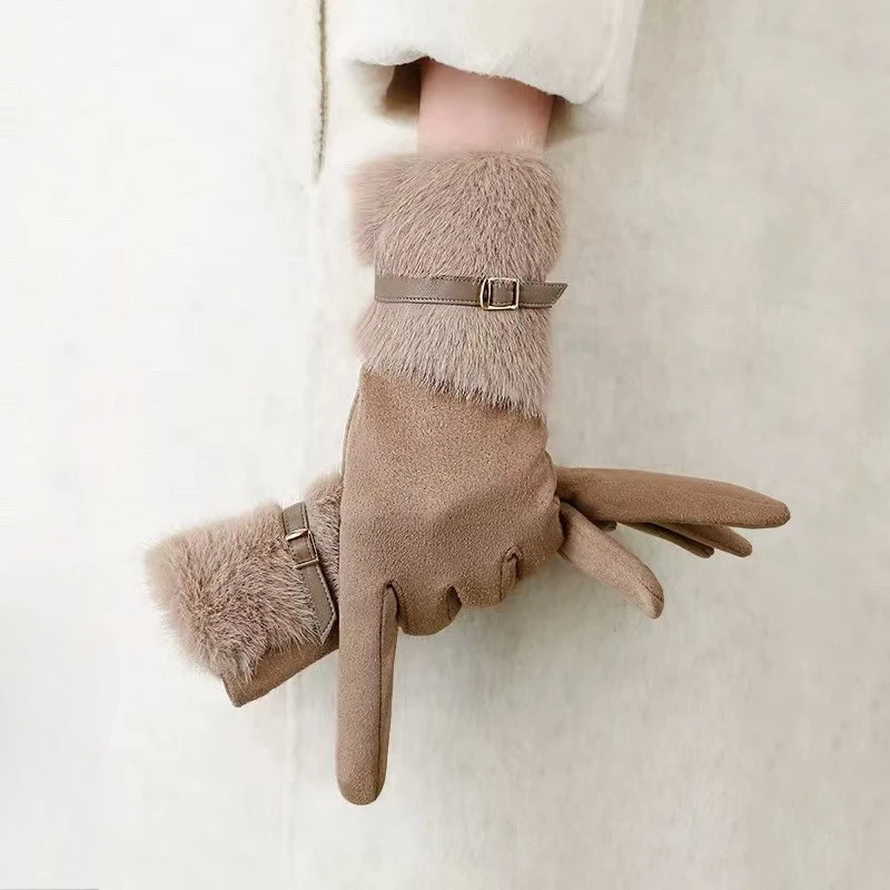 Buckle Decorated Gloves with Furry Cuff, Fleece Lined Warm Touch Screen Outdoor Gloves for Women in Winter