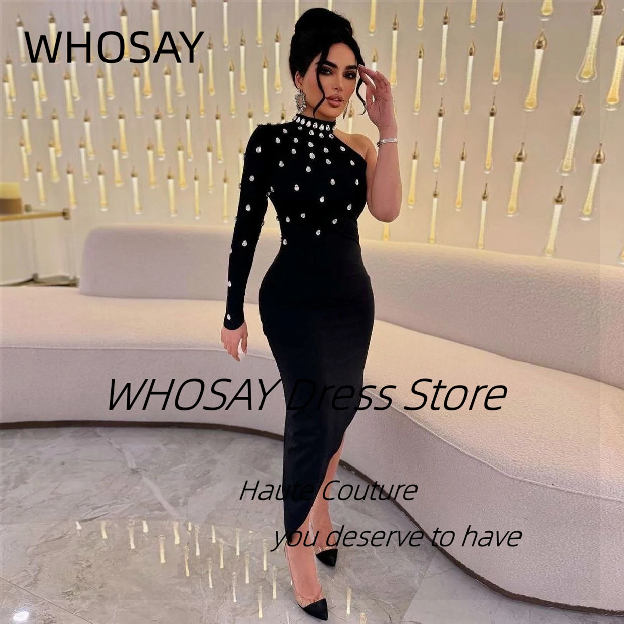 

WHOSAY Black Prom Dresses High Collar Long Sleeve Robe Des Cocktail Dress Crystals Sexy Party Evening Gowns Saudi Women Wear