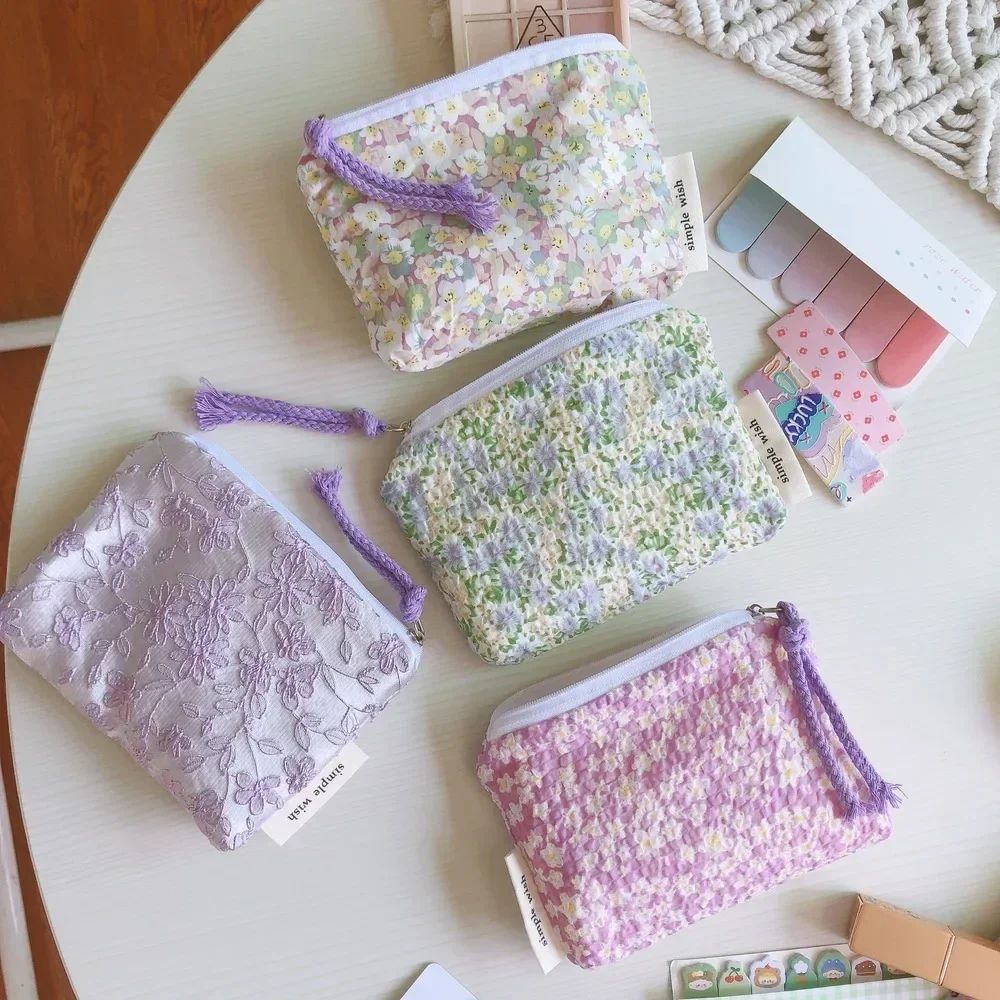 Bolsa pequeña de algodón para cosméticos, organizador Floral para mujer, estuche de maquillaje para pintalabios, monedero pequeño para niños