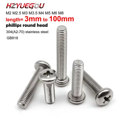 HZYUEGOU M2 M2.5 M3 M3.5 M4 M5 M6 M8 Long GB818 A2 304 Stainless Steel Cross Round Phillips Pan Head Screw Bolt Length=5-100mm