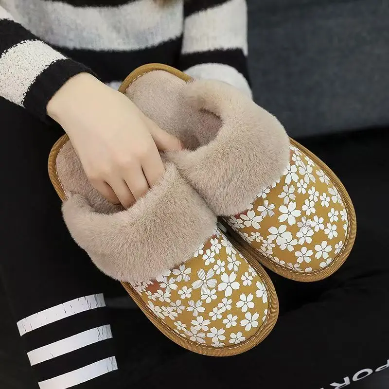 Baotou-Pantoufles en Cuir et Coton pour Femme, Semelle Souple, Antidérapante, Peluche Chaude, Imprimées, Imperméables, pour la Maison, Nouvelle Collection Hiver