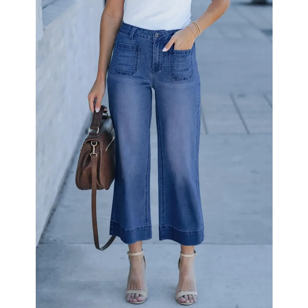 

Джинсы женские прямые с карманами спереди, высокая талия, деним, весна 2026, уличный стиль, винтажные брюки в пол