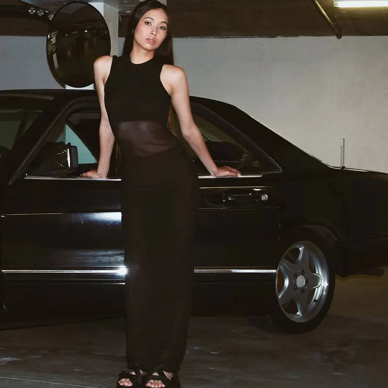 Nouvelles robes d'été pour femmes, sans manches, transparentes, élégantes, noires, Sexy, Maxi, mode, col rond, décontractées, Slim, vêtements