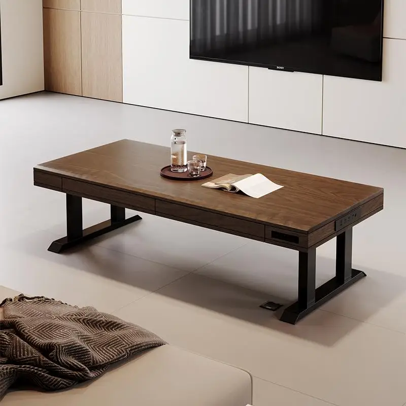 

Black walnut solid wood electric liftable living room household dining table dual-purpose tea table tea table large desk