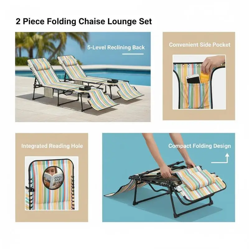 2 Piece Folding Chaise Lounge Pool Chairs with 5-level Reclining Back, Reading Hole, Side Pocket, Rainbow Striped view 5
