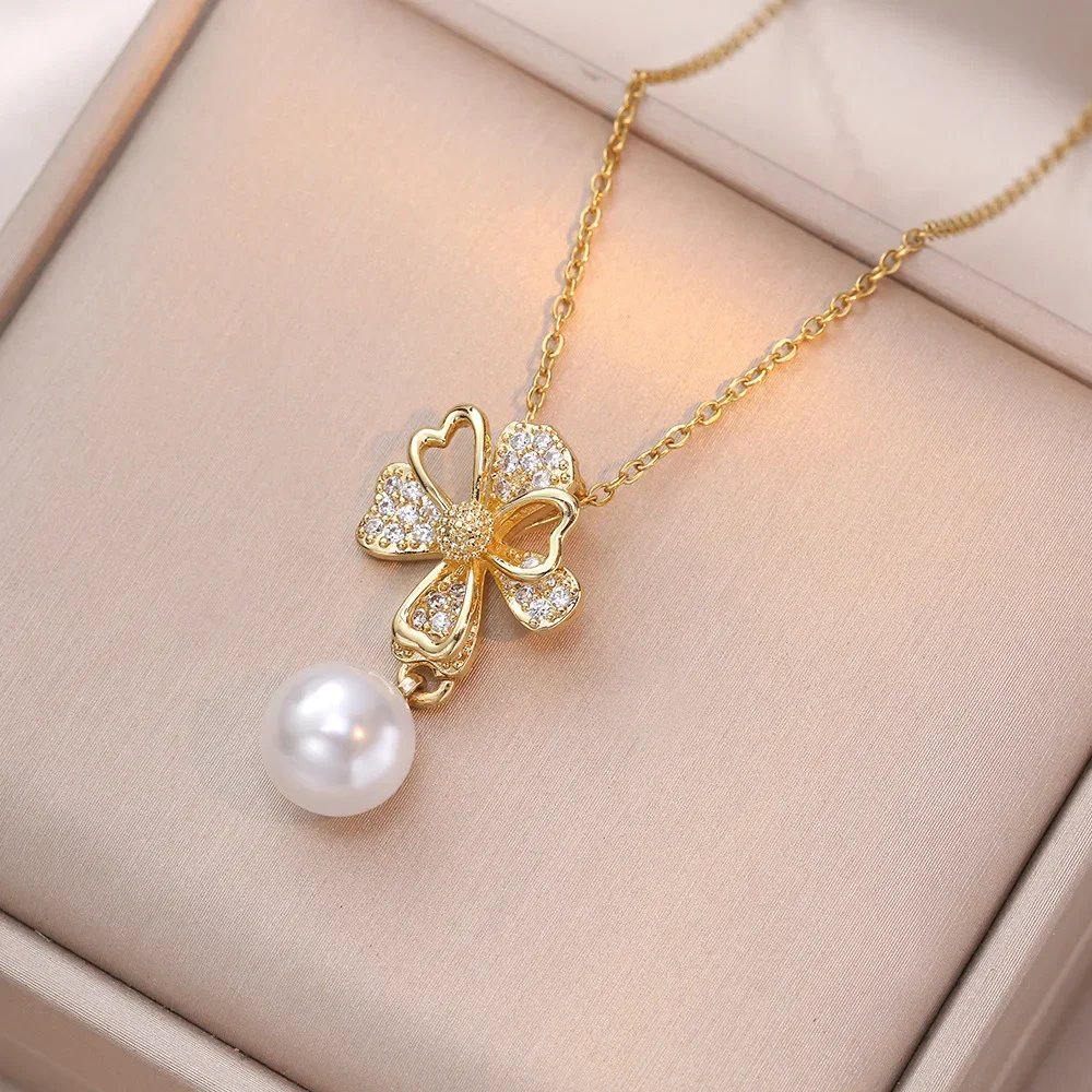 

Fashion flower imitation pearl stainless steel necklace for women