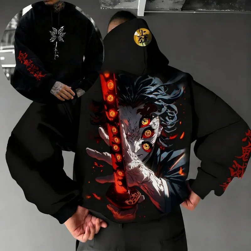 

Men's Autumn Winter Hoodies Japanese Anime Demon Slayer Kokushibo Graphics Clothing Oversized Cotton Tops Harajuku Y2k Pullover