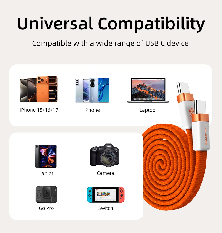 CABLETIME USB-C Kabel Magnetisches Typ-C Kabel PD100W 480Mbps Flachkabel Hochgeschwindigkeitsübertragung für HUAWEI Xiaomi iPhone 17/16 C-Kabel – Detail 15
