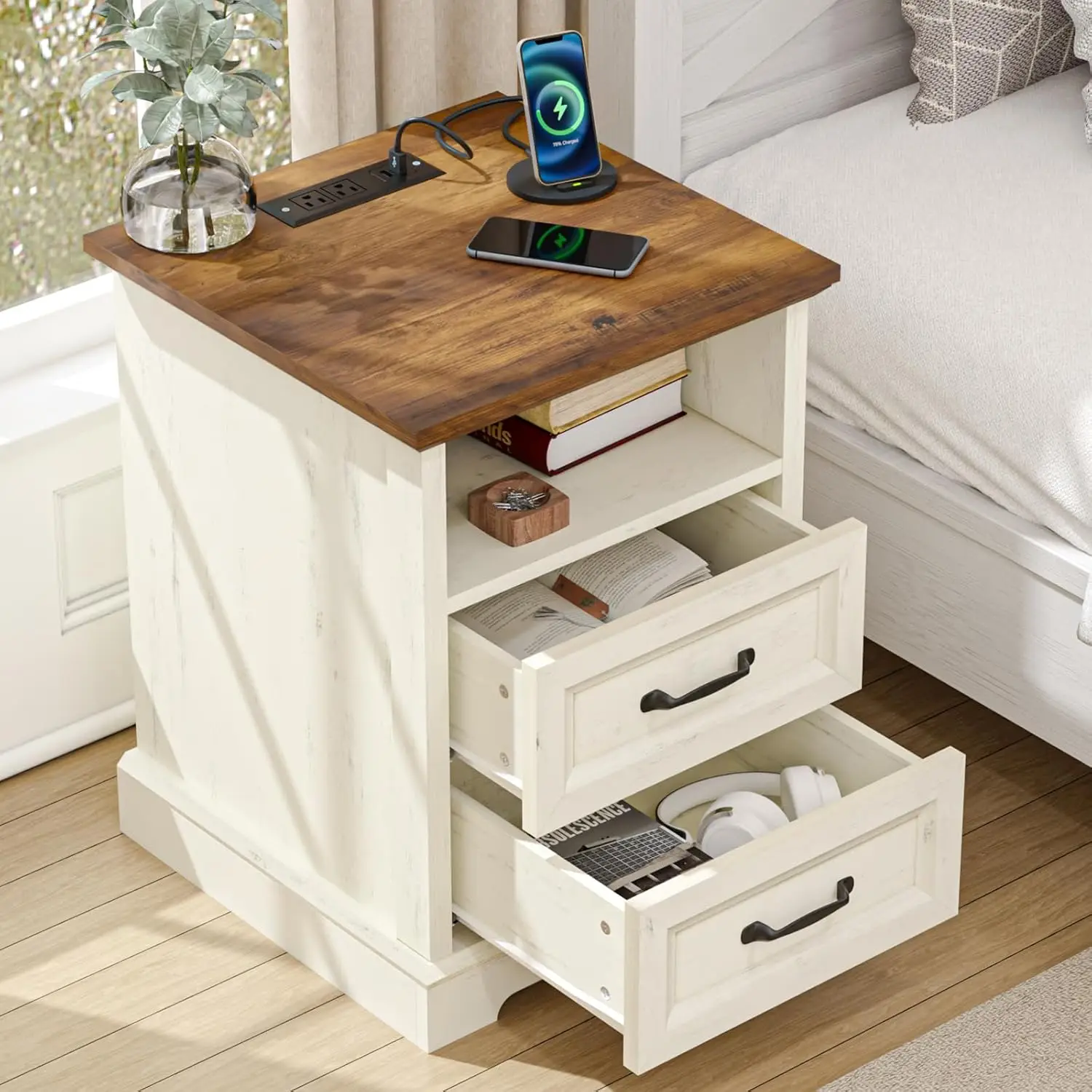 

18'' Farmhouse Nightstand with Charging Station, Bedside Tables with Storage, Bed Side End Table with Open Shelf, 2, Customized