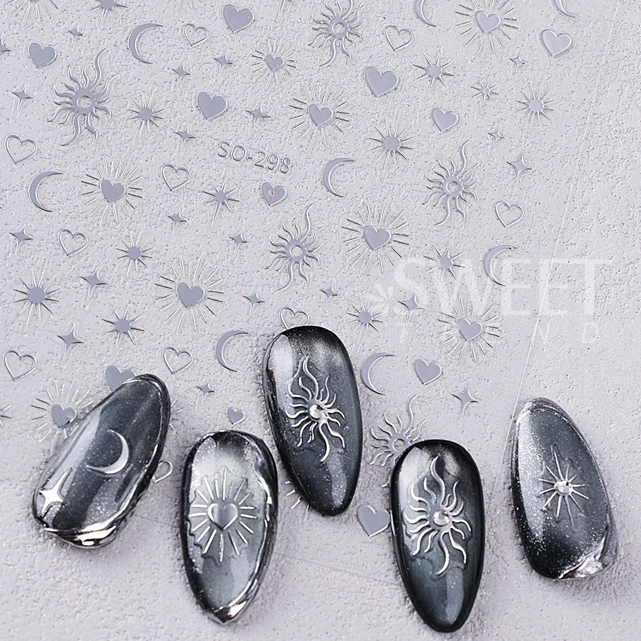 6pcs Bohemian Style Nail Stickers Silver Black Gold Laser Star Moon Heart Shape Design Nail Decal DIY Manicure Slider Decoration