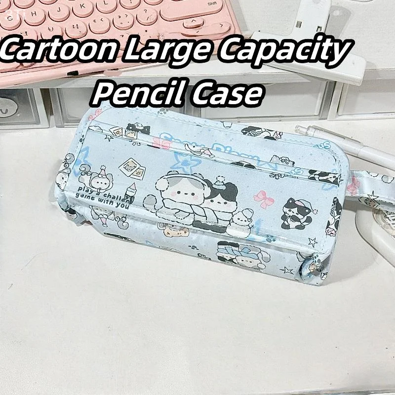 Lovely Illustrated Cat Big Capacity Pencil Bag Multi-floor Student Writing Tool Case Cosmetic Storage Satchel