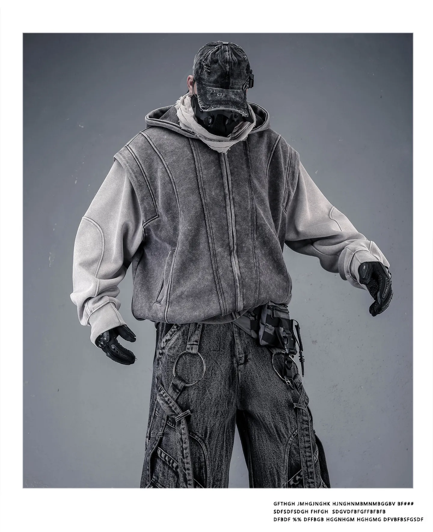 Washed Distressed Fake Two Piece Patchwork Punk Vintage Hoodies Man Techwear Gothic Zip Up Hoodie Street Wear