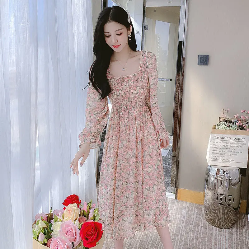 French Style Floral Maxi Dress Women Elegant Square Neck Long Sleeve Dress Slimming Ankle Length Design with Stomach Coverage