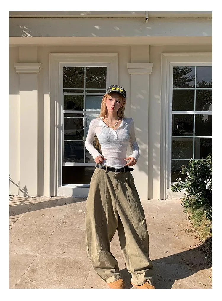 Pantalon Cargo taille haute pour femmes, Style américain rétro, jambes droites, ample, décontracté, jambes larges, longueur au sol