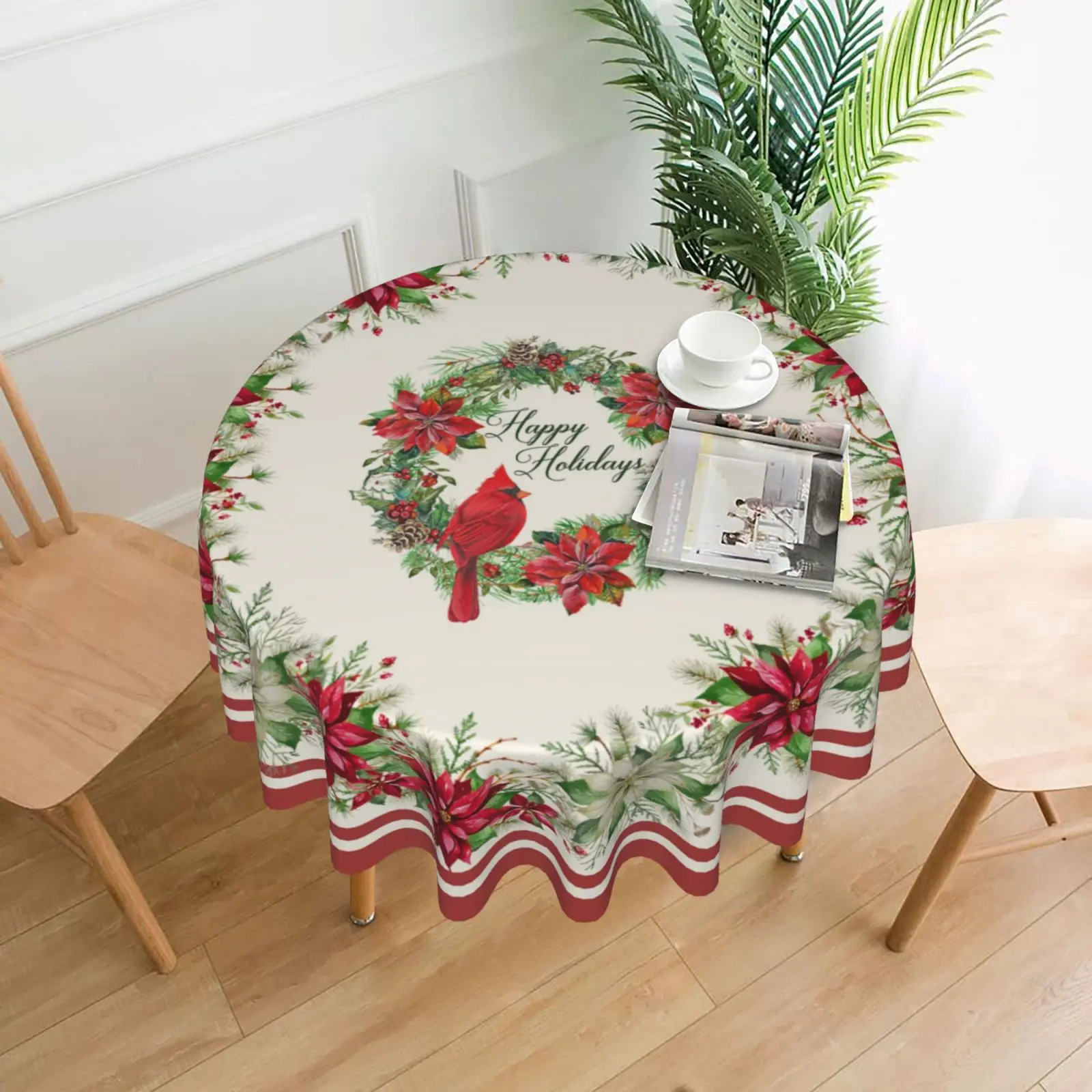 Red Cardinal Bird Tablecloth Round Red White Floral Table Cloth Washable Banquet Table Cover for Home Party Picnic Dinning Decor