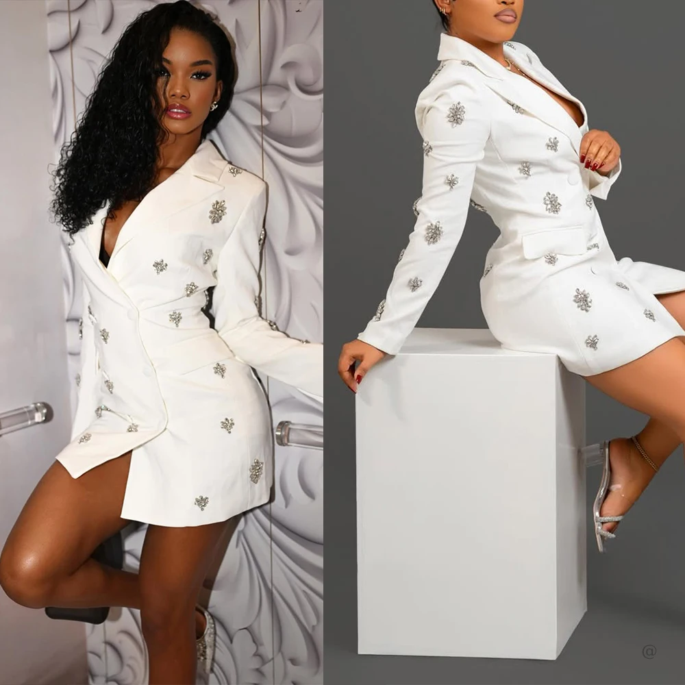 Slim Fit Women Blazer Dress Customized Crystal Beading Girls Prom Evening Guest Formal Wear Photography One Piece