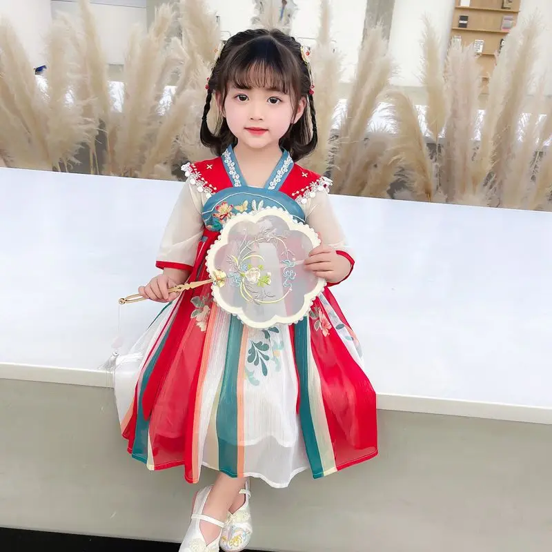 Girls Hanfu Summer Children\'s Embroidered Tang Dress Super Xianru Dress Little Girls Chiffon Western-style Ancient Dress