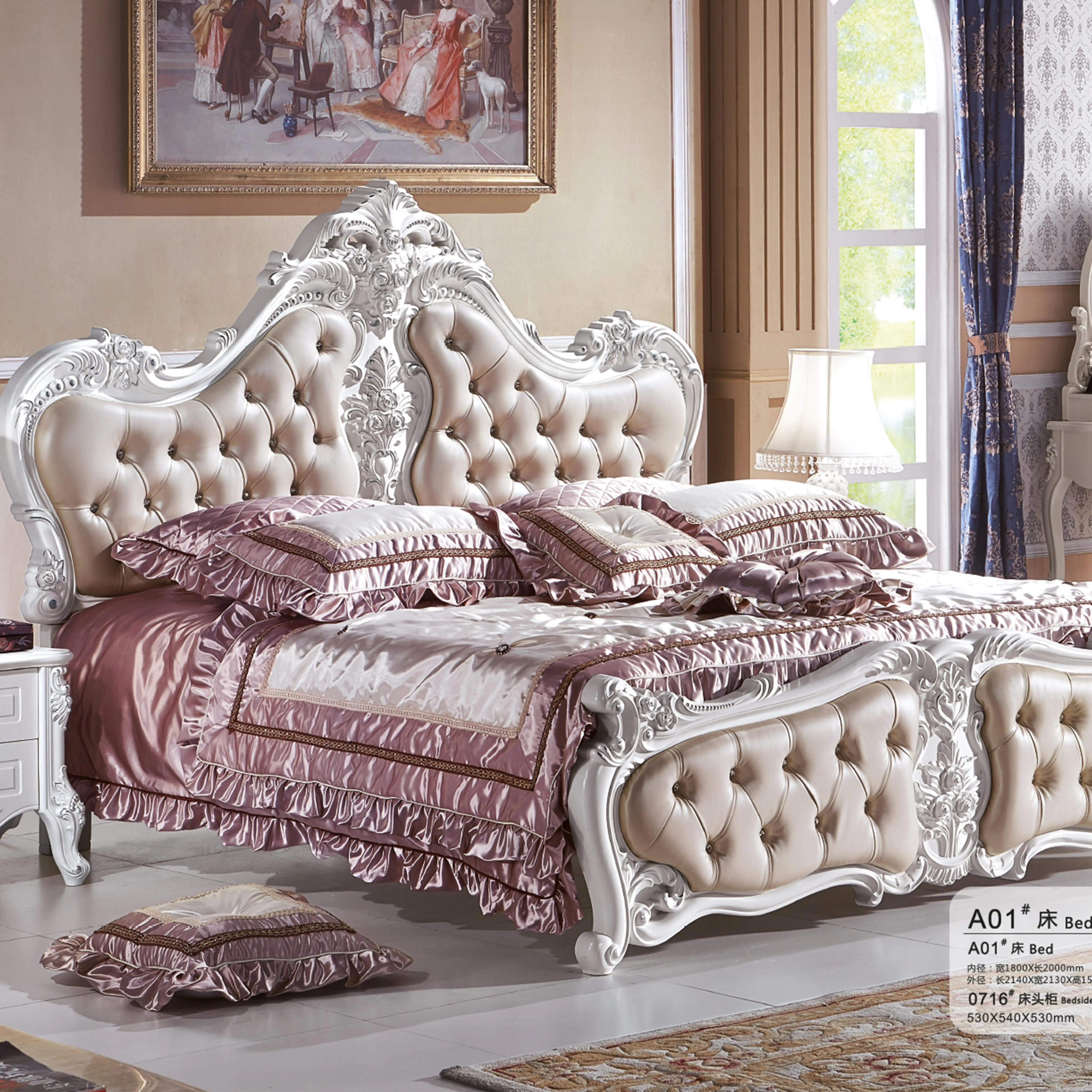 

For European Bedroom king Size Double Bed Furniture Set French Royal Carved Solid Wooden Frame Genuine Leather Bedroom Bed
