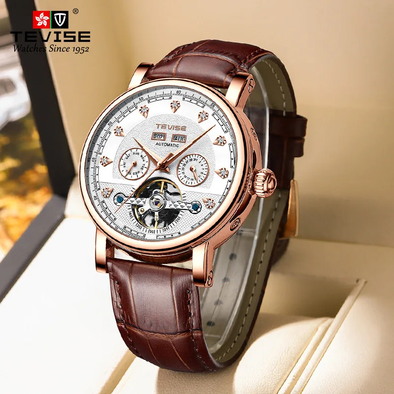 Herren-Automatikuhr mit mechanischem Uhrwerk, Business-Lederarmband, Leuchtziffern, Datumsanzeige, transparentes Zifferblatt, multifunktionale Armbanduhr.