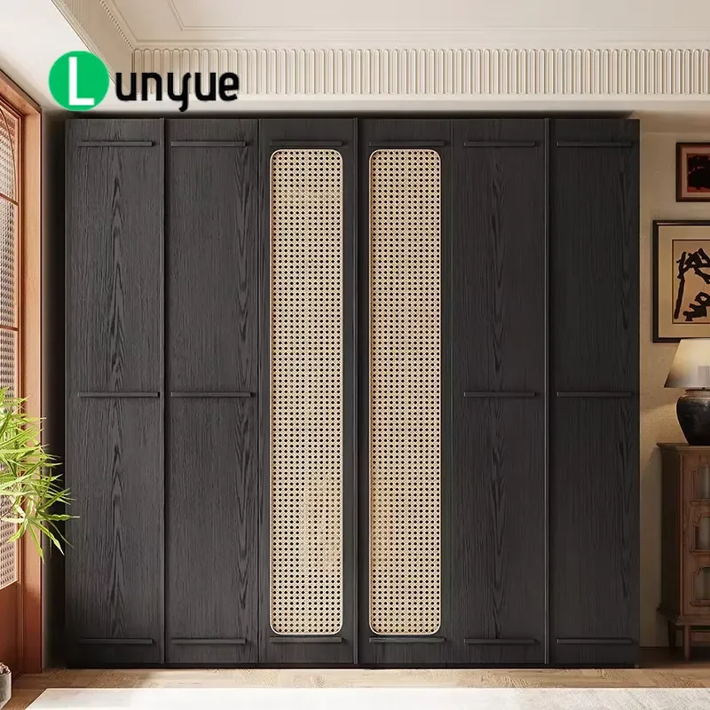 Rattan Double Door Wardrobe Retro Black Skeleton Line Pattern American Classic Style Storage Cabinet for Bedroom Small