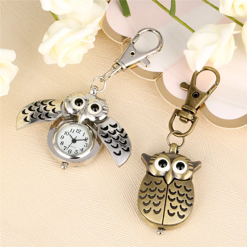 Lovely Owl Shape Watch Men Women Retro Quartz Analog Pocket Watches with Pendant Key Ring Arabic Numeral Clock Gift Decoration