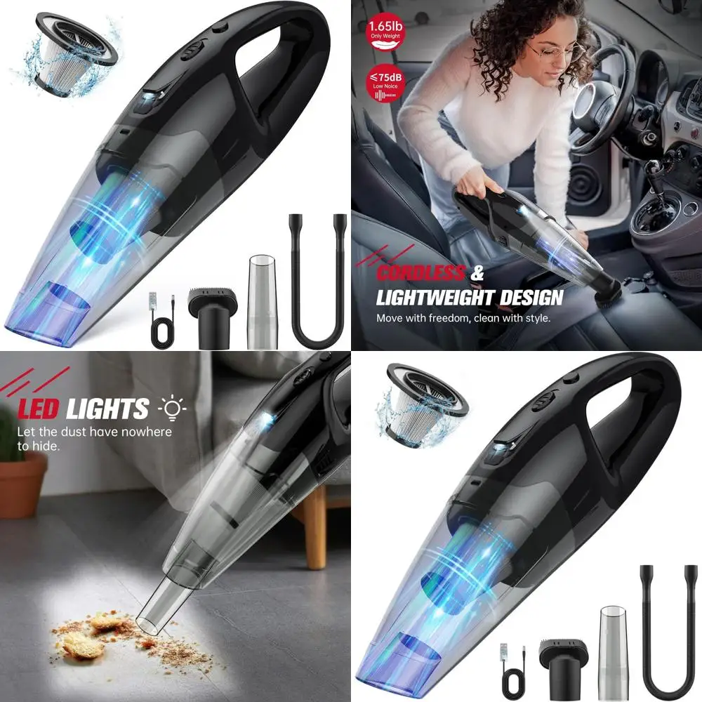 Portable 3-in-1 Cordless Vacuum with LED Light, USB Charging, and 1.65Lbs Weight for Home, Car, and Pet Hair Cleanup