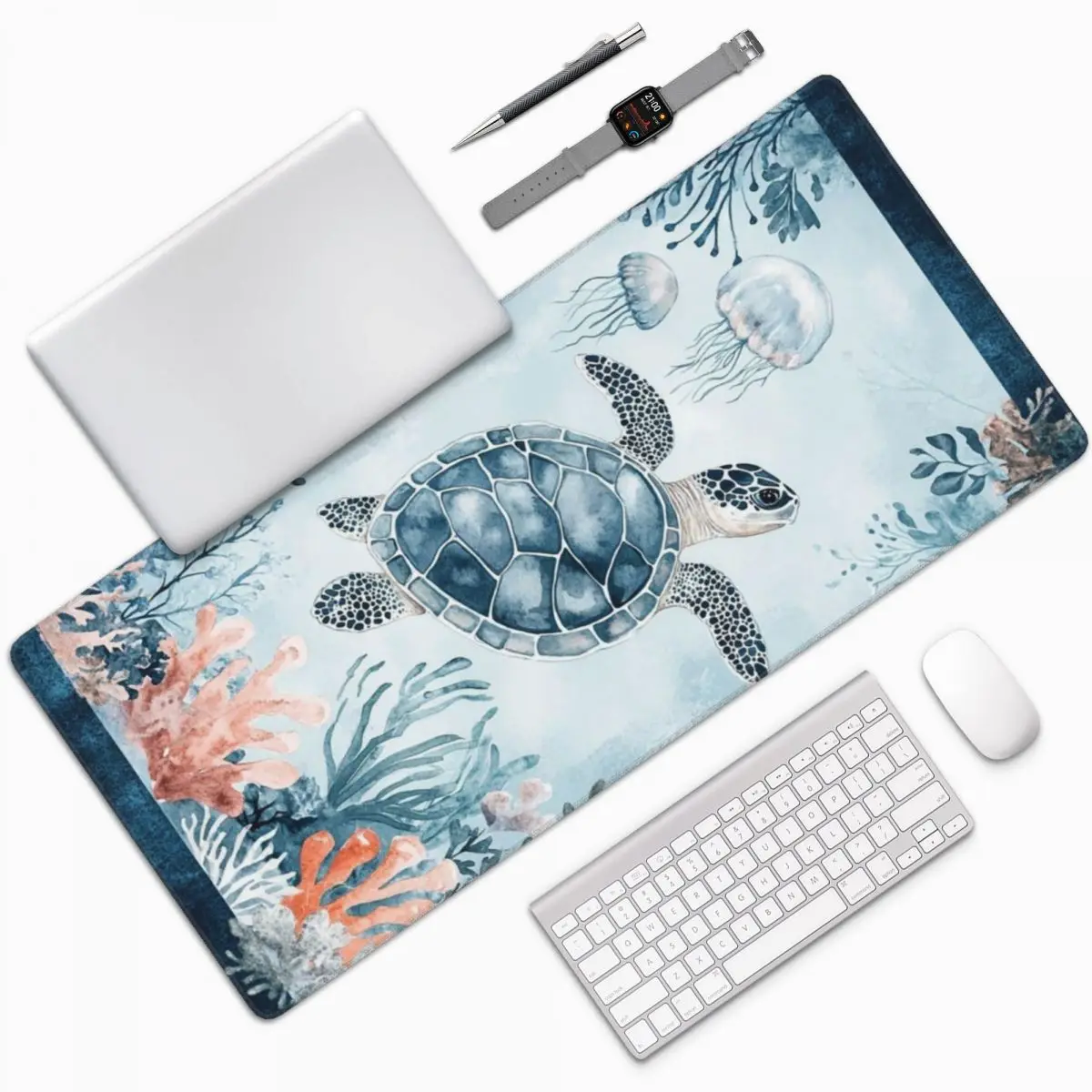 Sea Turtle Coral Watercolor Painting Large Mouse Pad Computer Keyboard Mouse Mat Laptop Desk Mat Office Accessories Table Mats