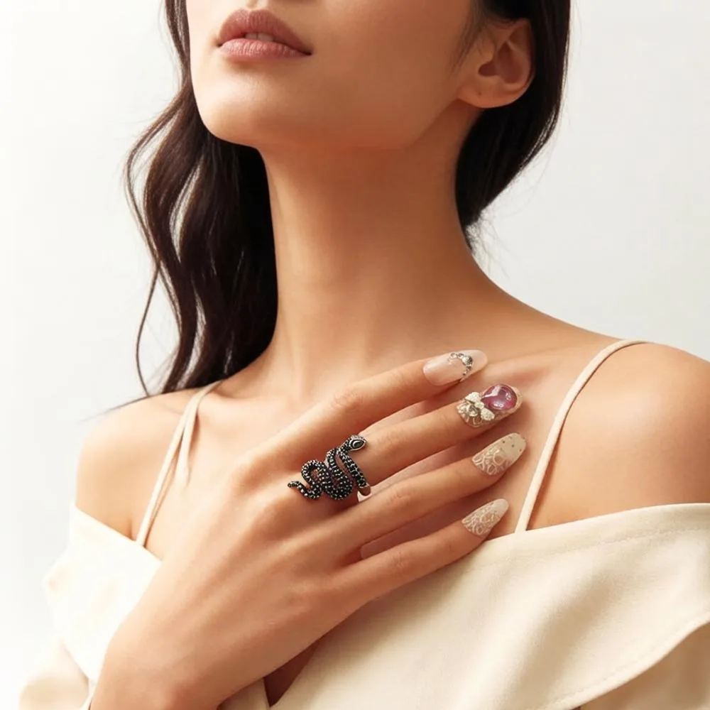 Open-end Black Snake Pave Ring,Europe Style Glam Fine Jewerly For Women Gift In 925 Sterling Silver