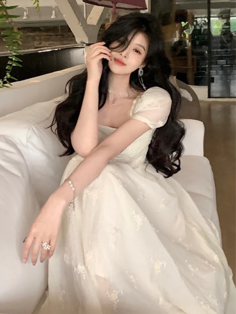 Summer 2024 Fashion Retro Evening Party Midi Dress Women Elegant Princess Embroider Vestidos Female Korean Design Slim Clothes