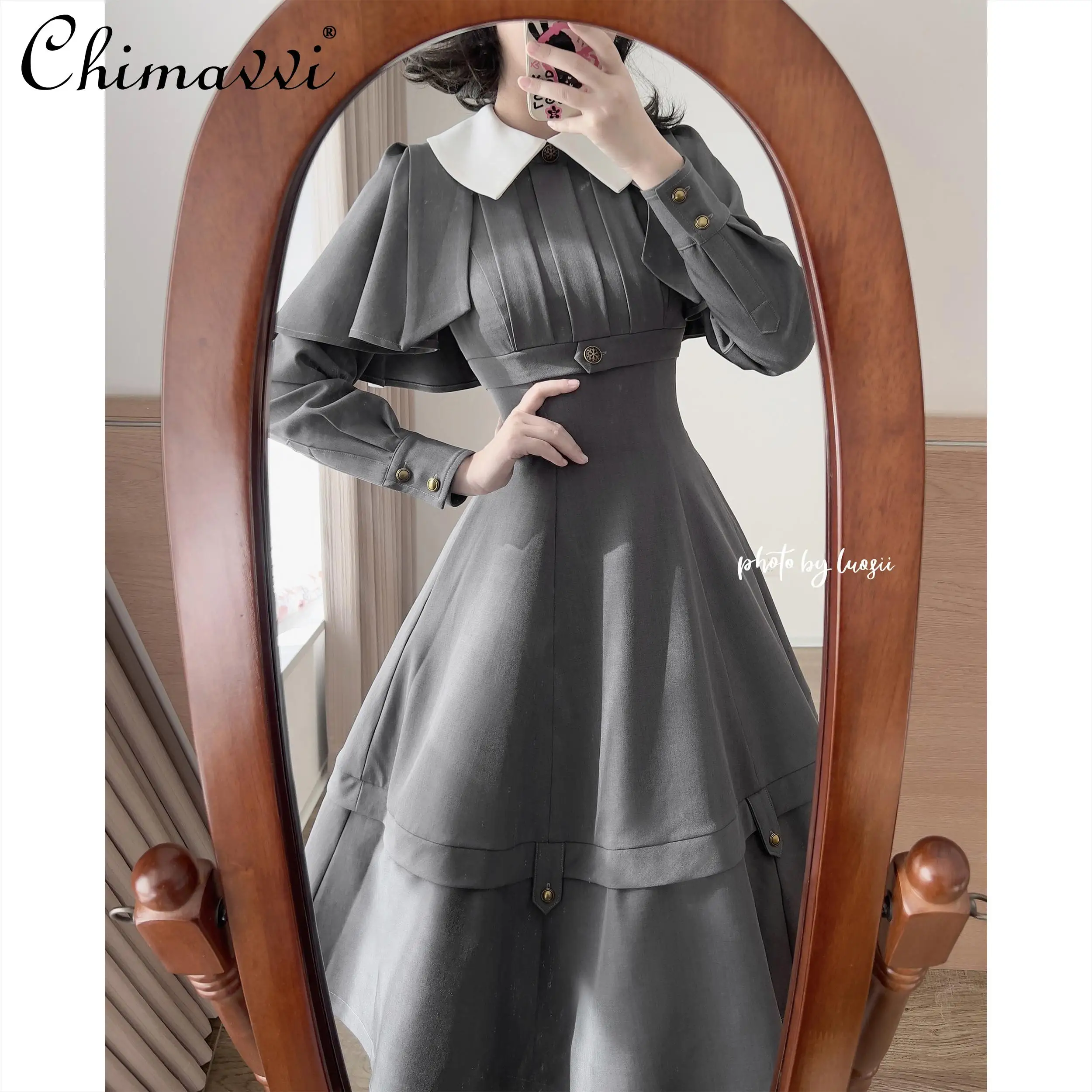 Original Retro Elegant Classical Womens Dress Autumn and Winter Long Sleeve Cape Dress Solid Color Female Slim Long Dresses