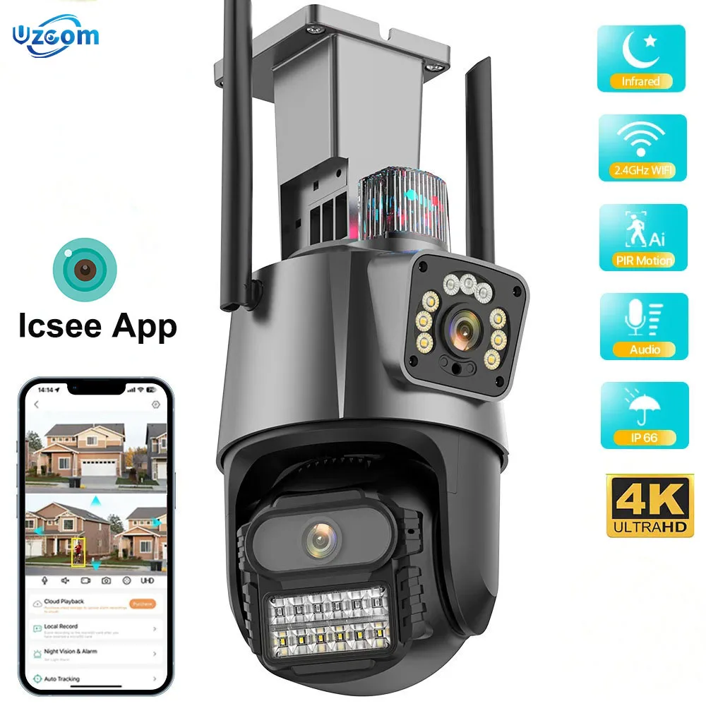 4K PTZ WiFi Camera with Dual Screen Color Night Vision 6MP Outdoor Security IP Camera CCTV Surveillance Camera ICSEE APP