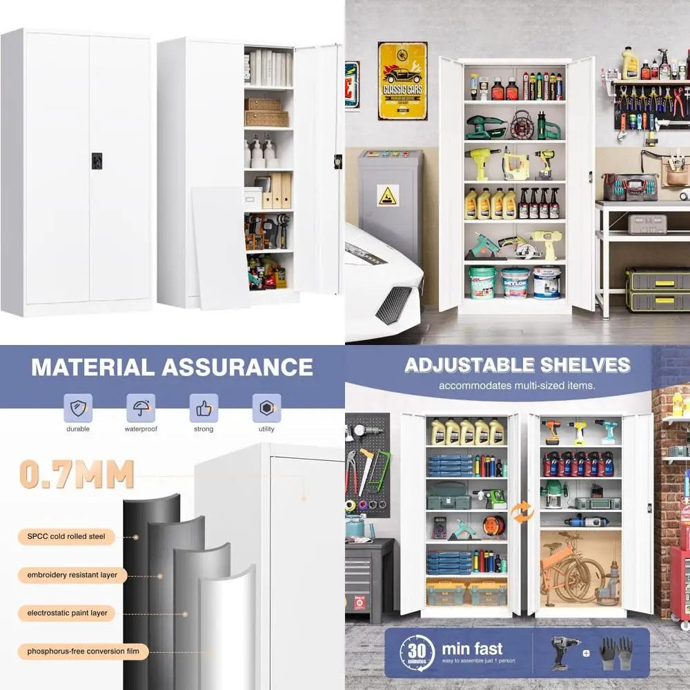 Armoire en métal, 71 armoires de rangement verrouillables avec 2 portes et 5 étagères réglables, armoires hautes en acier pour garage, bureau à domicile, Basem