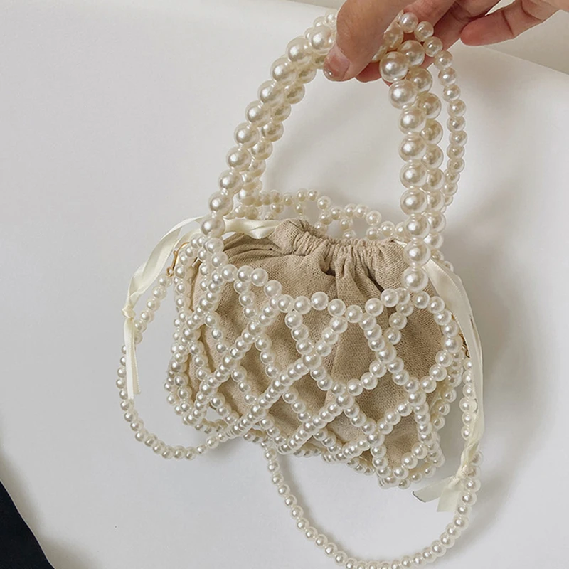 French Retro Handbag Fairy Popular Woven Beaded Bucket Bag Crossbody Bag Summer Niche Design Hollowed Out Pearl Bag Women Bag