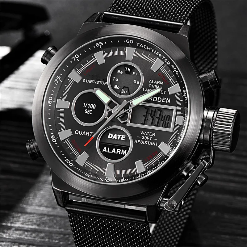 

Men XINEW Brand Designer Watches DZ Fashion Casual Steel Band Sports Dual Time Digital Watch Black Montres de Marque de Luxe