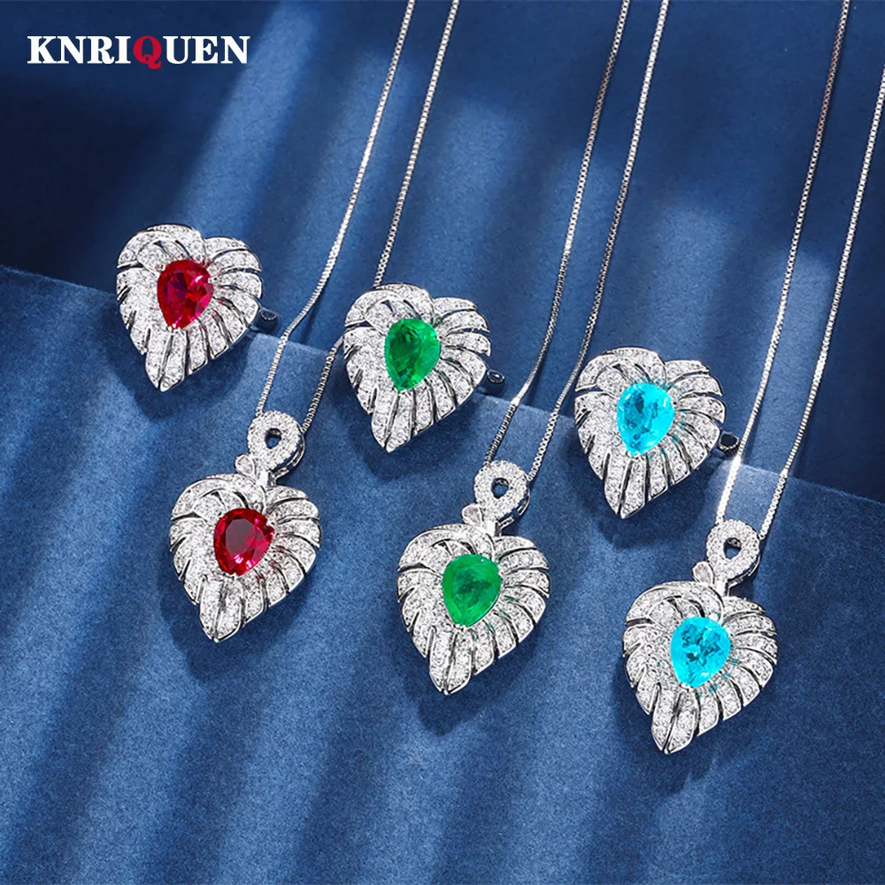 

Retro Hear-Shaped 8*10MM Ruby Emerald Paraiba Tourmaline Pendant Necklace Rings for Women Wedding Party Fine Jewelry Sets Gift