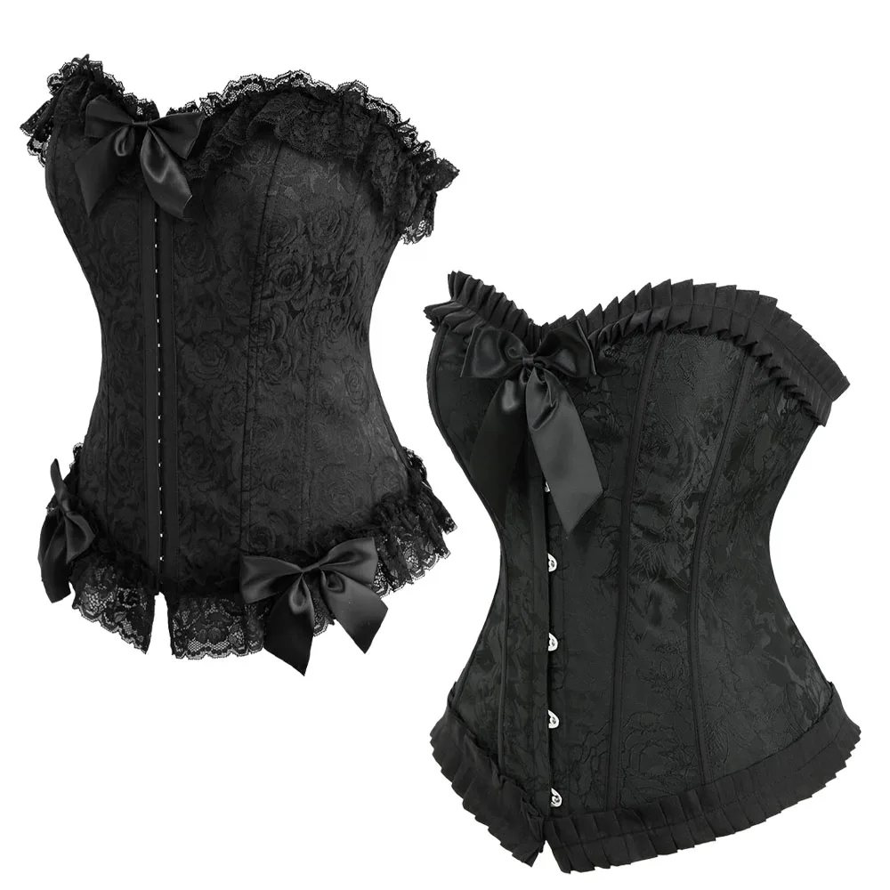 Damski seksowny gorset plus size, kwiecisty żakard, sznurowany, z oczkami, kokardą, plisowaną obszyciem, pełny biustonosz, czarny. — zdjęcie 2