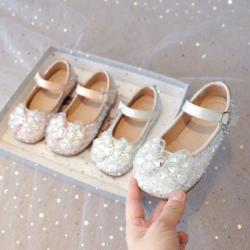 Girls Leather Princess Shoes 2026 Spring Summer New Style Sparkling Sequins Crystal Kids Leather Shoes